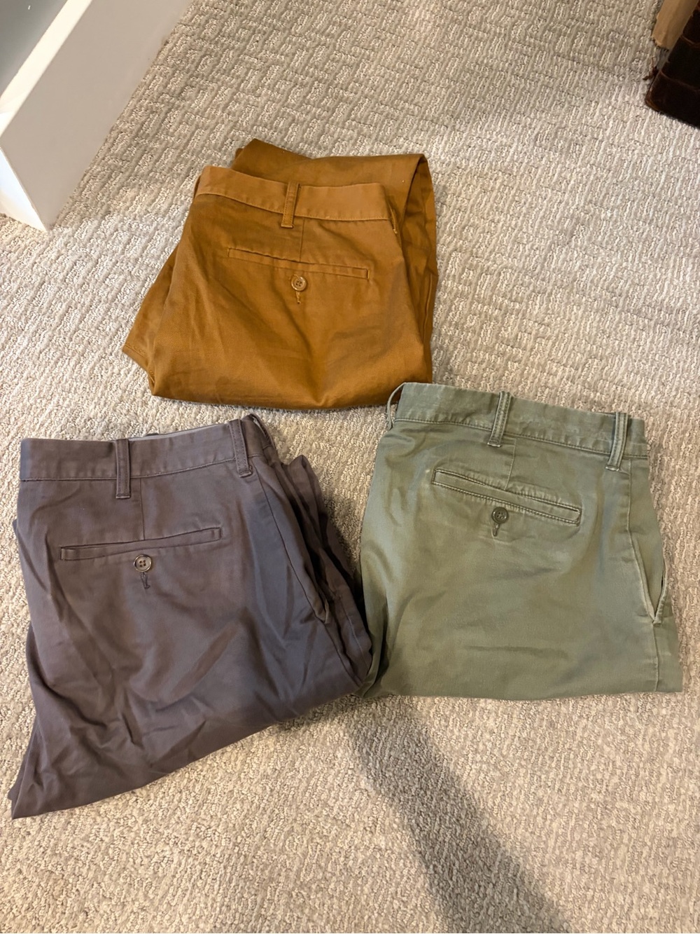 J. Crew Three-Pack Chino Pants in Brown, Olive, and Gray